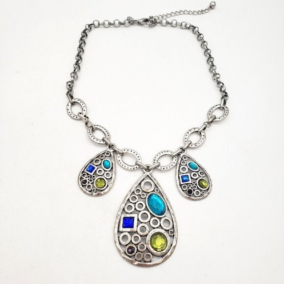 Laura Ashley Teardrop Gemstone Boho Tribal Silver Links Statement Necklace - Picture 1 of 9